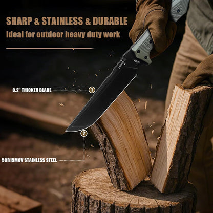 Machete w Kydex Sheath, 15'' Camping Machetes for Cutting Trees Heavy Duty,DC53 Steel Blade - 62 HRC, Full Tang Survival Machete w Firestarter, Non-Slip Handle, Ideal for Yard Work, Hunting,Outdoor