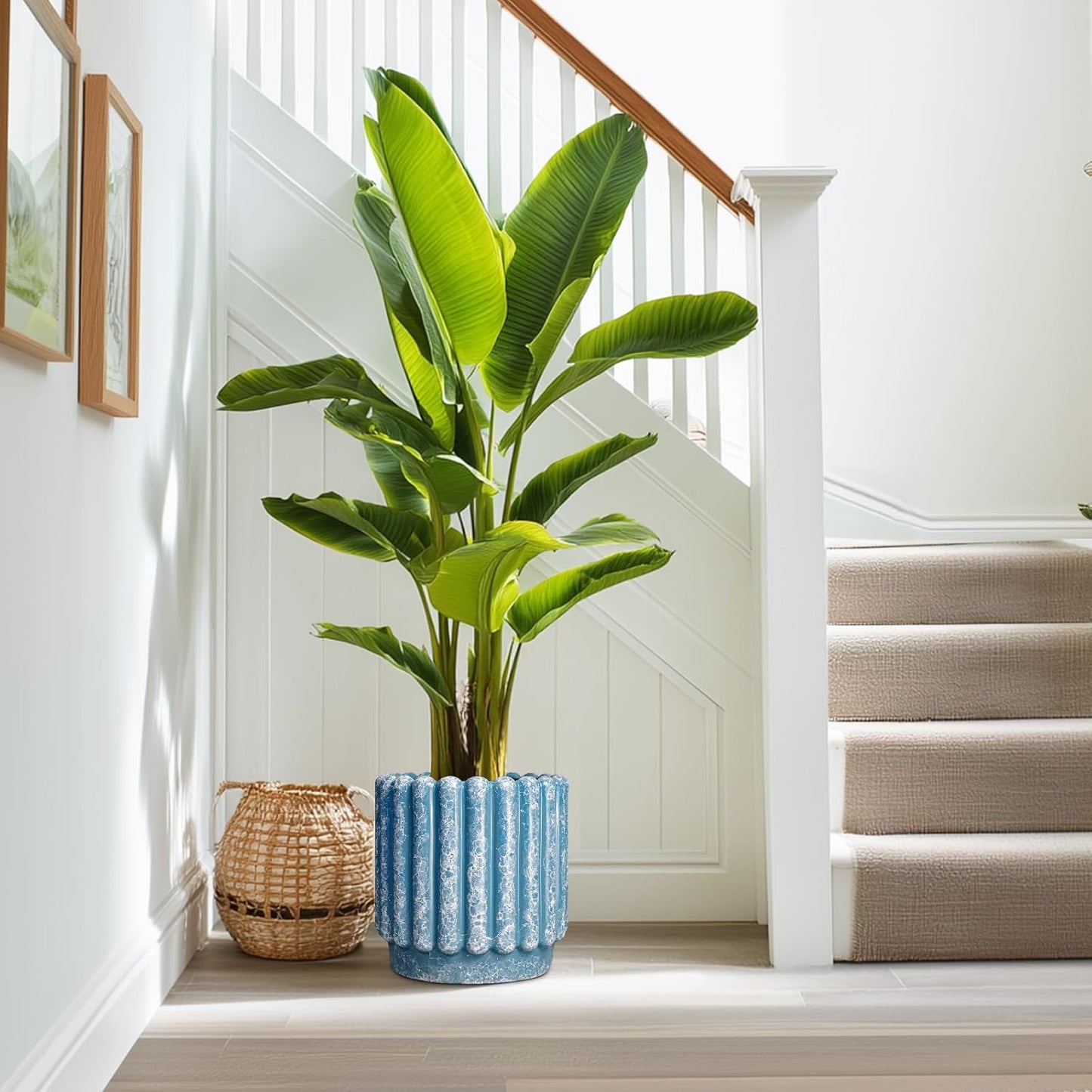 Ceramic Planter for Indoor Plants - 9.6 Inch Ceramic Plant Pots with Drainage Hole, Large Flower Pots Outdoor, Fluted Decorative Round Planter, Front Door Decor, Housewarming Gifts, Blue
