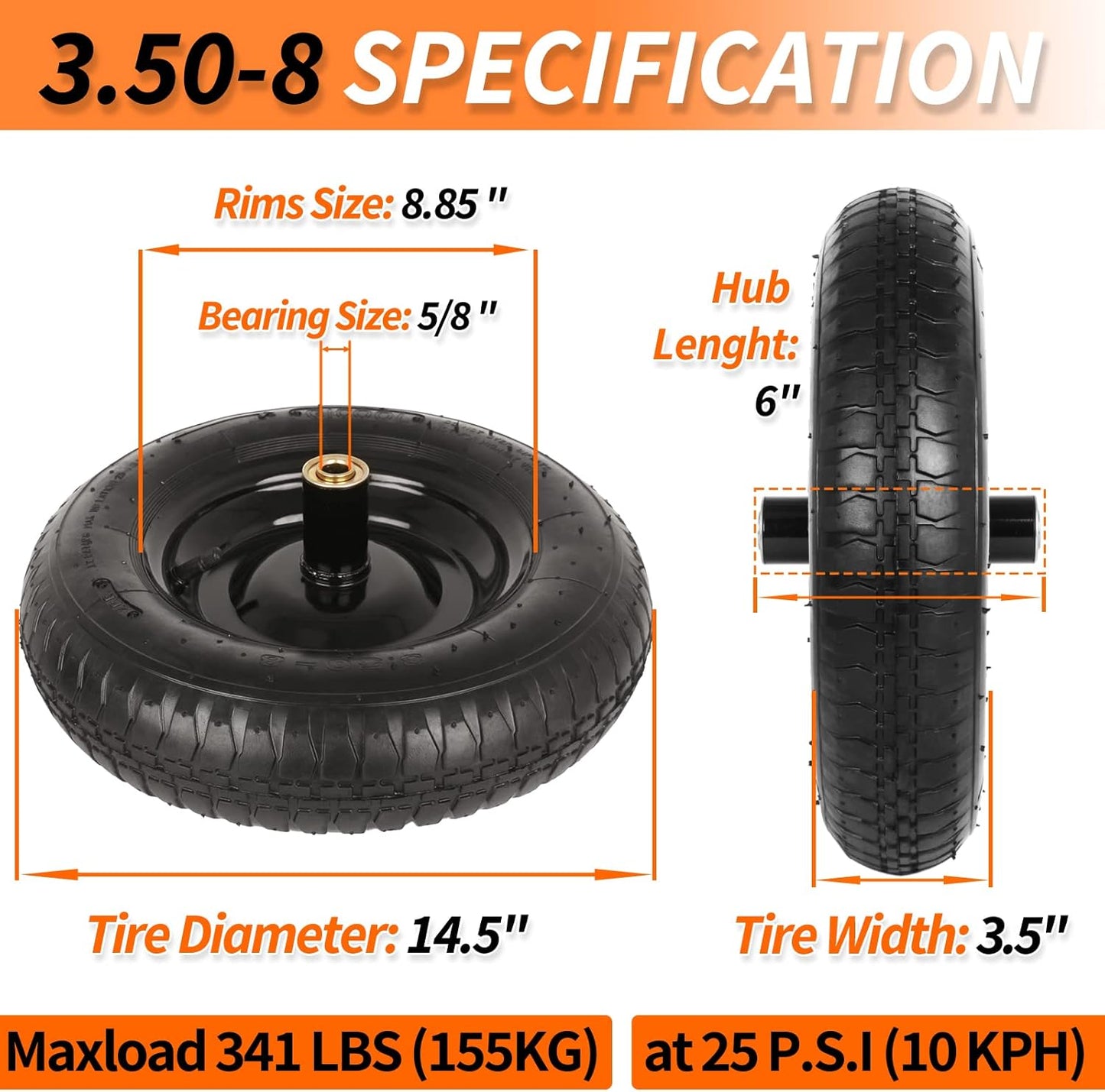 14.5" Wheelbarrow Tire, 3.50-8” Pneumatic Tire, Universal Wheelbarrow Wheel for 4.80/4.00-8”, 4.00-6”, and 2.50-8”, with 6" Centered Hub, 5/8" Axle Bore Hole, Sealed Bearings