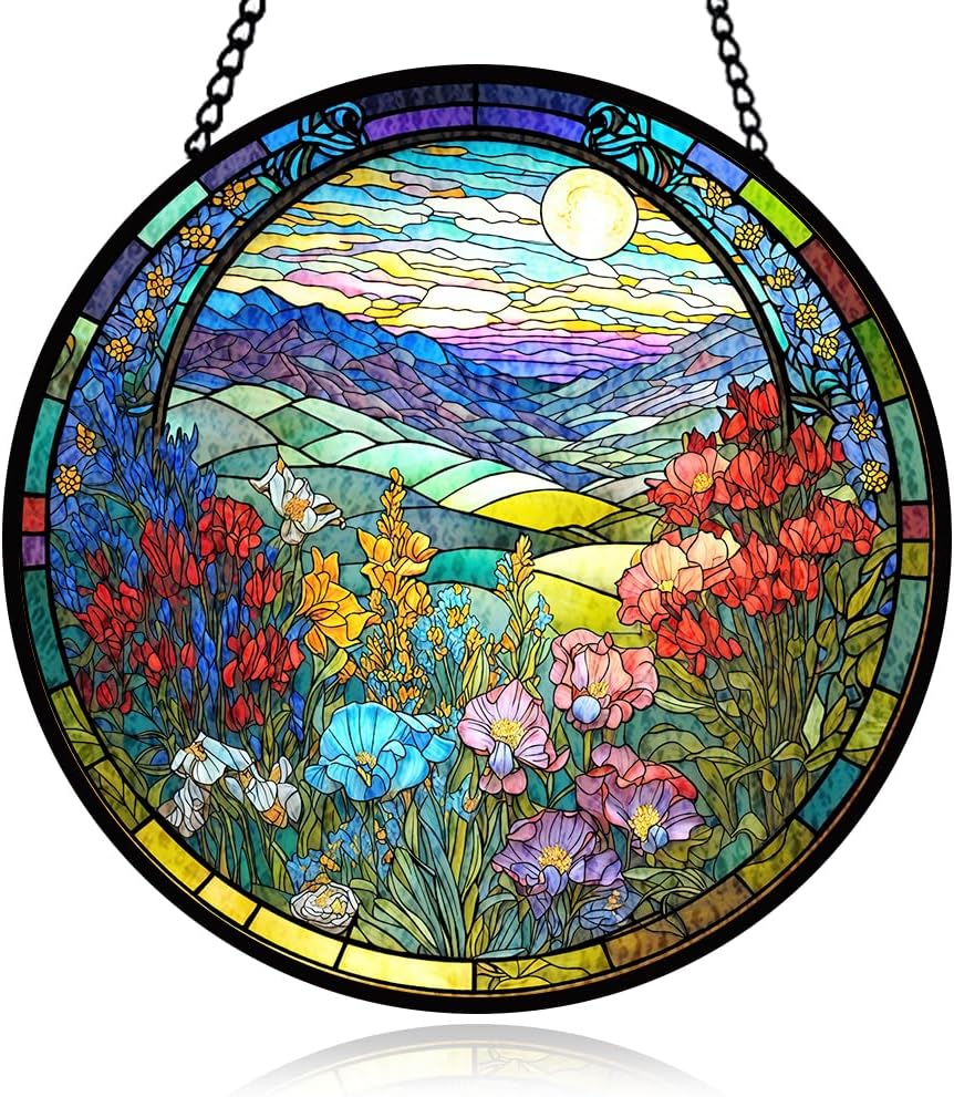 Floral Stained Glass Window Hanging, Suncatcher Ornament for Indoor Outdoor, Sea of Flowers Glass Ornament for Home Décor, Glasses Decoration Gifts for Birthday, Christmas, Wedding, Housewarming