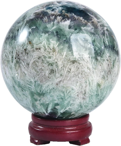 JIC Gem Large Crystal Ball Feather Fluorite Healing Crystals Sphere with Wooden Stand Meditation Home Decor 3.5-4 inch (90-100mm)
