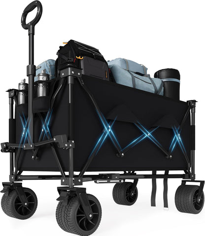 35" Foldable Wagon for Beach with 350lbs Weight Capacity, Heavy Duty 280L Extra Large Collapsible Foldable Wagon for Camping, All Terrain Beach Wagons Extended with Cup Holders for Sand