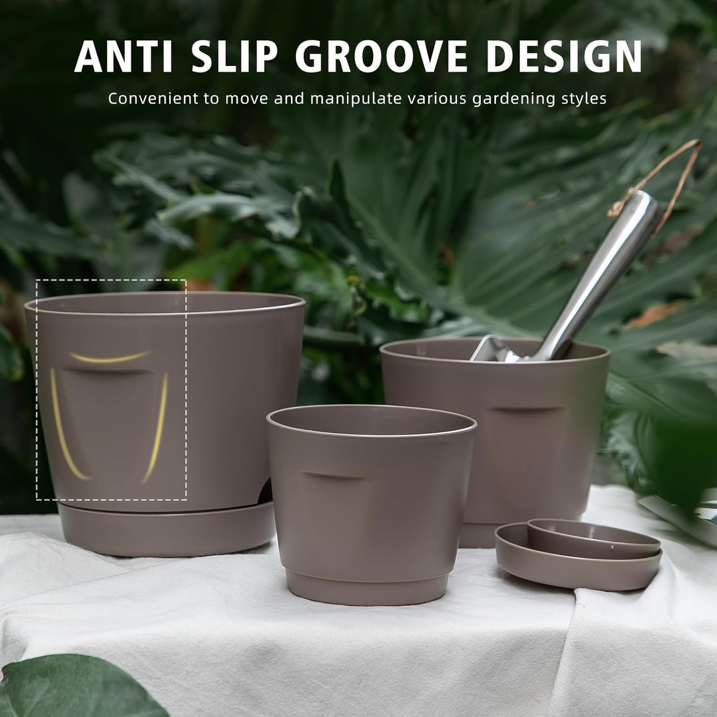 5 Pack Plastic Planters with Drainage, Self Watering Pots for Indoor Plants, Small Cute Plastic Pots in 5 Sizes, Ideal for Indoor Plants (Brown)
