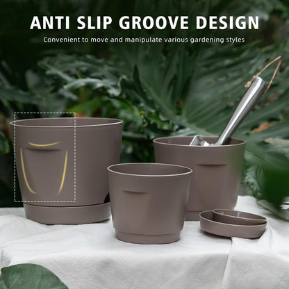 5 Pack Plastic Planters with Drainage, Self Watering Pots for Indoor Plants, Small Cute Plastic Pots in 5 Sizes, Ideal for Indoor Plants (Brown)