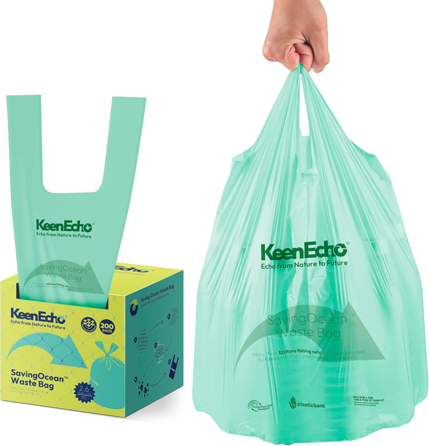 2.6 Gallon 200 Counts Small Green Trash Bags with Handle, Ocean Fishing Nets Upcycling, Sage & Sea Salt Scented, Plastic Garbage Bags, Waste Bag for Kitchen, Bathroom, Office and Pets