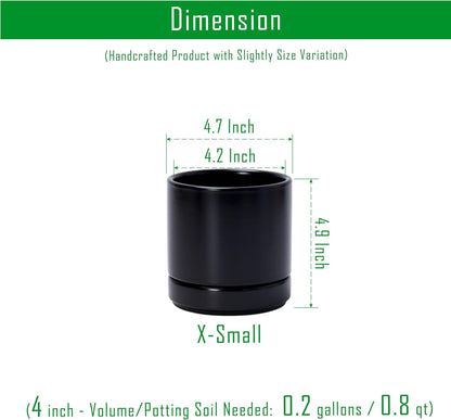 D'vine Dev Set of 4 Small Ceramic Plant Pots, 4.7 Inch Succulent Planter Pot for Plants with Drainage Hole and Saucer, Black, 94-X-B-2