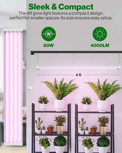 Sunco 6 Pack Grow Lights for Indoor Plants LED, 4FT Grow Light for Greenhouse, 80W, Full Spectrum, Integrated Suspended Fixture, Linkable, Plug in, for Seedlings, Vegetables, Flowers.