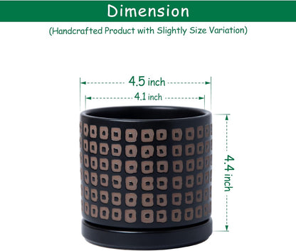 D'vine Dev Set of 2 Ceramic Planter Pots with Drainage Hole and Saucer, 4.5 Inch Plant Pots for Plants Indoor Houseplants, Black, 99-Z-A-2-V