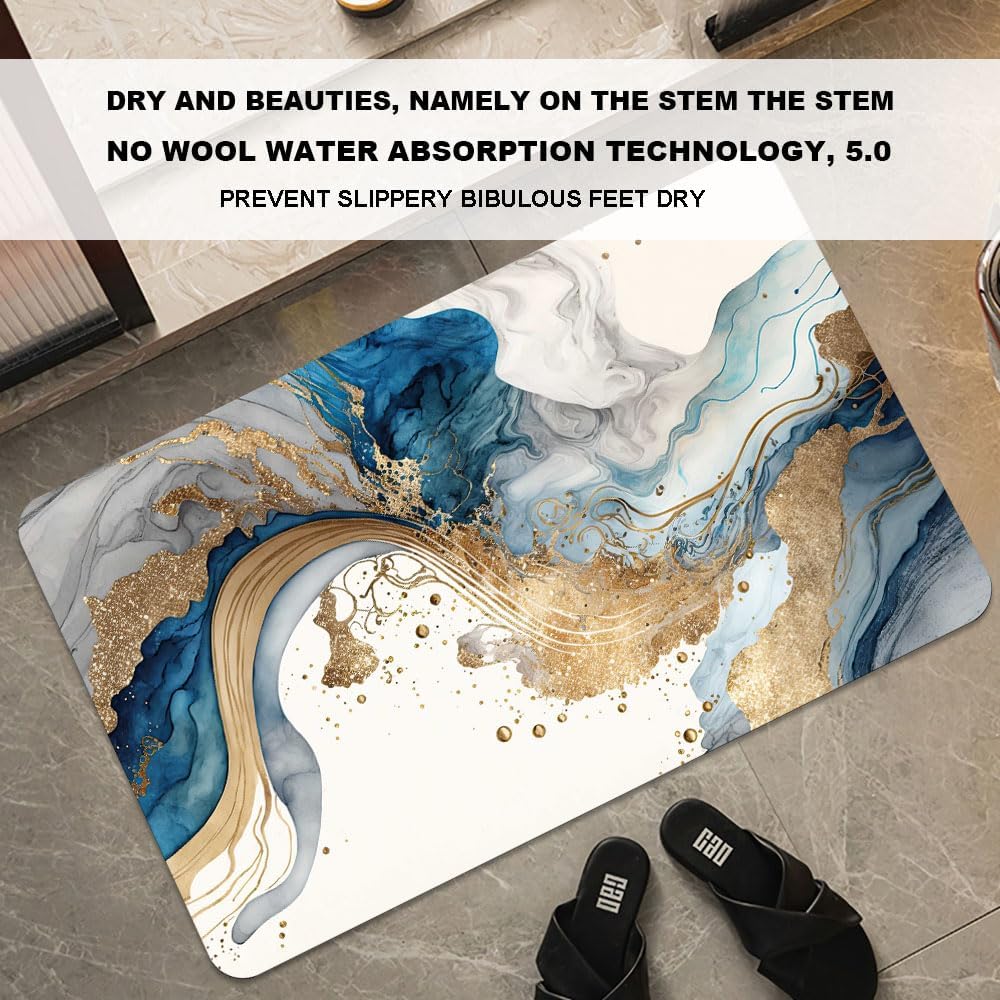 Bath Mat-Bathroom Rug，Natural Blue and Gold Marble-Absorbent Non Slip Quick Dry Stain Resistant Easy to Clean Care Shower Rug for Bathtub Shower Room 16×24Inch (40 * 60cm)