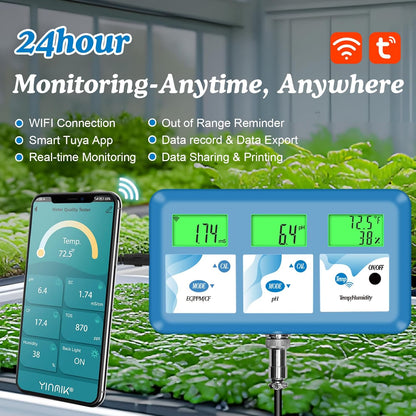 Hydroponic ppm pH Monitor, WiFi 6 in 1 pH EC Meter for Hydroponics Growing System,Continuous Monitoring pH PPM EC CF Humidity Temp of DWC Grow System Water Reservoir Tank Aeroponic Garden Aquarium...