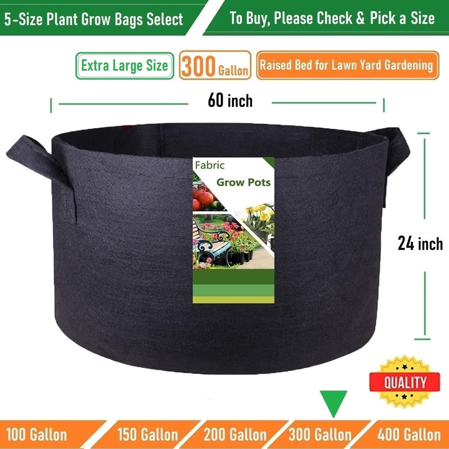 300 Gallon Large Raised Garden Bed Bag (60x24 inch) Big Garden Bag Sturdy Plant Grow Bag for Potato,Tomato Planter,Herb Veggies Planter Bag,Flower Bed,Yard Waste Bag,Lawn Debris Bag,Leaf Bag W/ Gloves