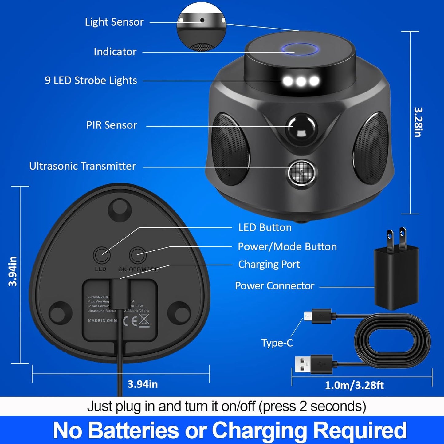 Mice Repellent Indoor,Upgraded Rodent Repellent, Ultrasonic Powerful 360° Pest Repellent with 3 Sided Sensing 9 Strobe Lights,Bat Squirrel Mouse Repellent for Home Attic Garage Houses Barns Warehouse