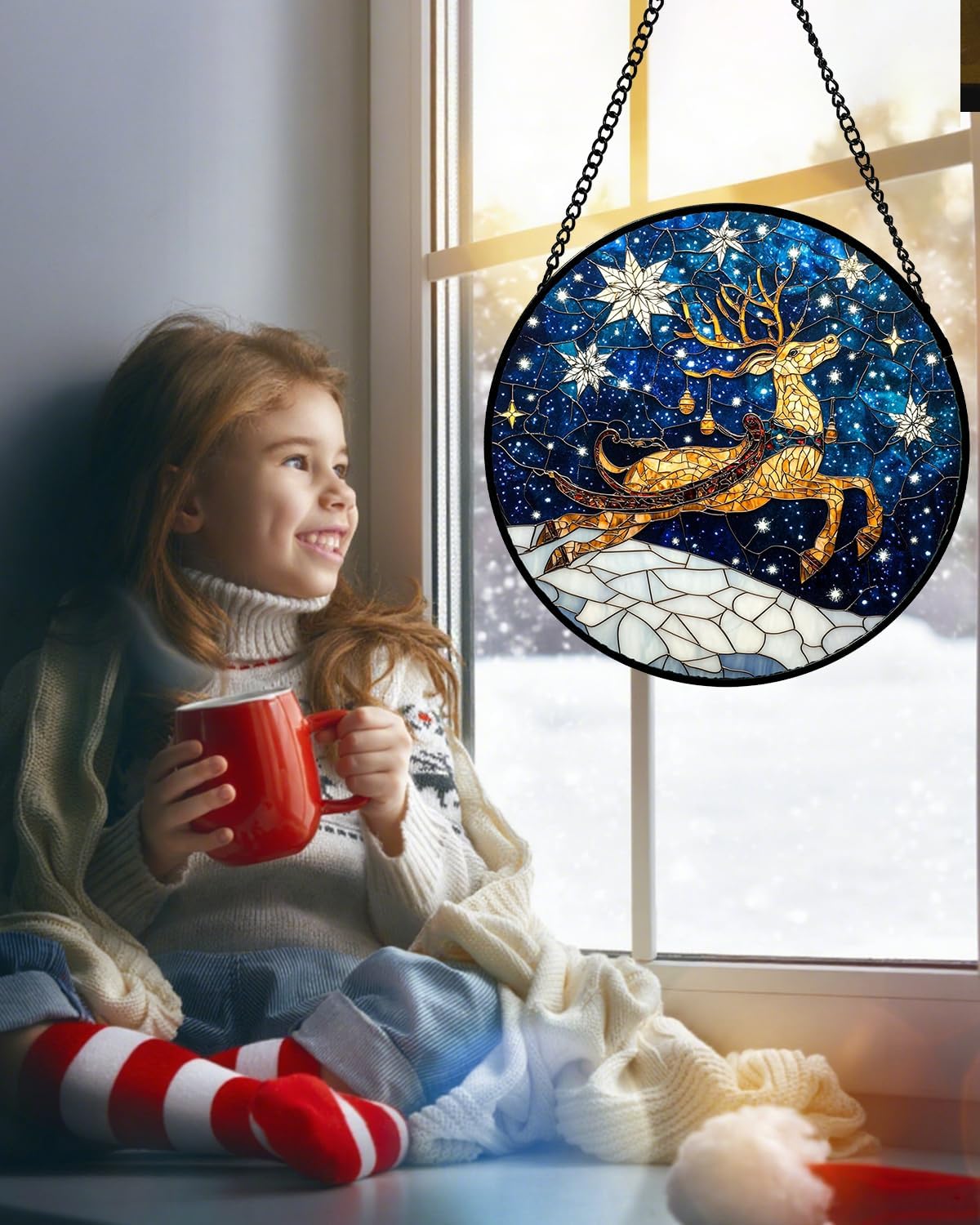 Stained Glass Window Hanging - Reindeer Blue Starry Sky Suncatcher for Doors Home Christmas Decoration Winter Sun Catcher Thanksgiving New Year Birthday Gifts for Women Men Mom Nana 11.8 in