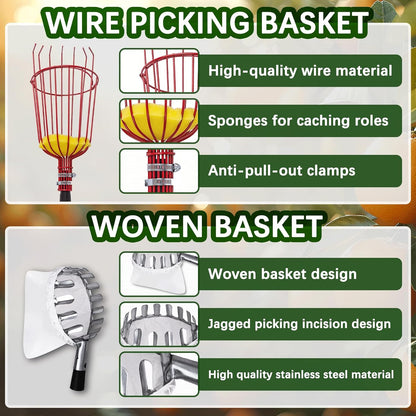 20 Ft Fruit Picker with Wire Basket and Bag Basket,Adjustable Stainless Steel Fruit Picker Pole with Universal Thread Head,35-243 Inch,Pick Fruit Tool,Suitable for Picking Apples,Mangoes and Others