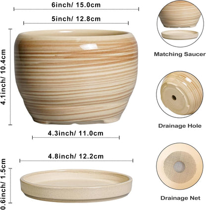 SQOWL Ceramic Pot for Plants - 6 Inch Indoor Planter with Drainage Hole and Tray, Round Modern Flower Pot Outdoor, Decorative Succulent Planter, Kitchen Decor, Gifts for Plant Lovers, Yellow