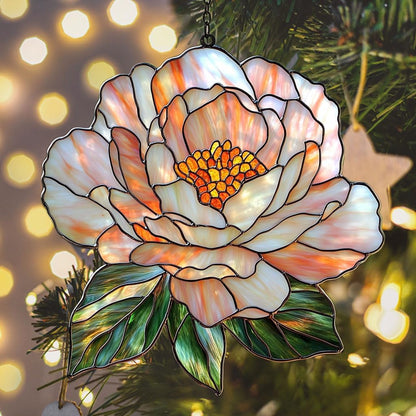 Pastel Pink Peony Acrylic Suncatcher Stained Glass Effect Window Car Hanging Christmas Ornament Indoor Outdoor Decor Garden Sun Catcher Panel for Peony Lover for Women Mom Grandma