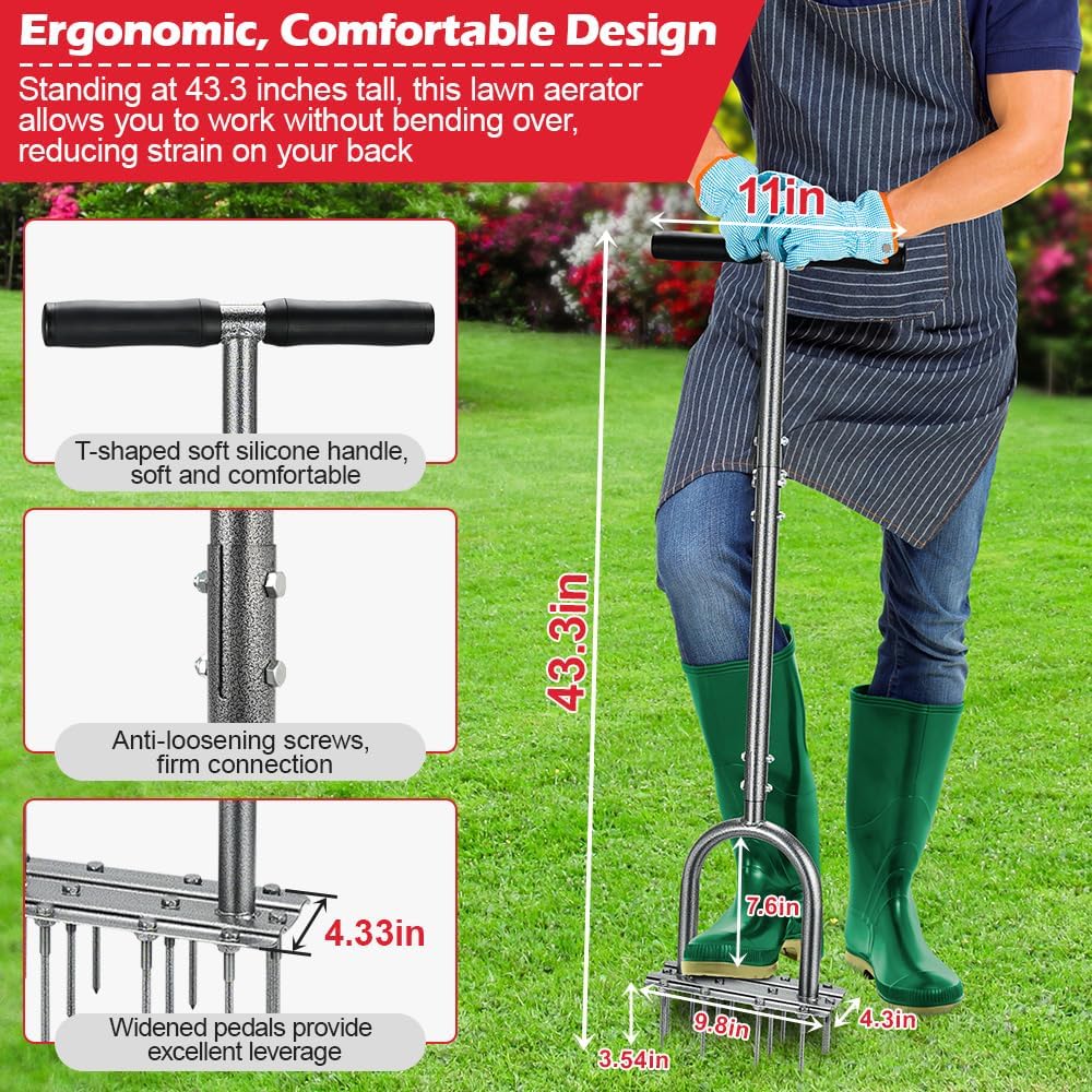 Lawn Aerator Tool, 43.3" Pre-Assembled Lawn Aerator with 12 3.5" Lengthened Iron Spikes, Efficient Manual Grass Spikes Aerator for Yard Aerating, Garden Tools, Easy to Use
