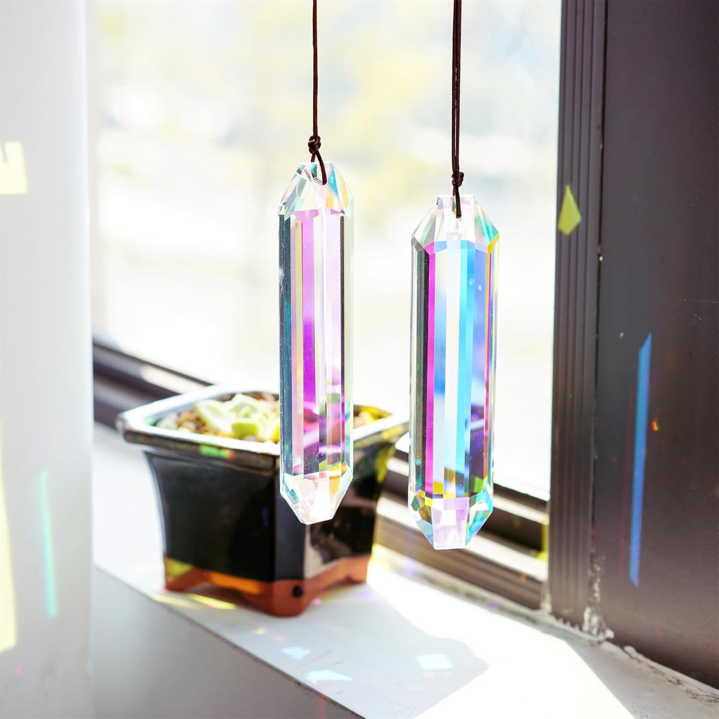 HDCRYSTALGIFTS 2PCS 5" Large Crystal Sun Catcher Prisms for Windows Indoor, AB Colored Hexagone Hanging Crystals Suncatchers, Rainbow Maker for Christmas,Patio,Chandelier,Garden Ornaments