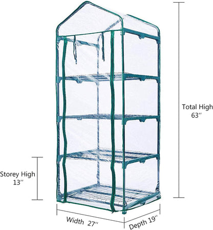 Worth Garden 4 Tier Mini Greenhouse - 63'' H x 27'' L x 19'' W - Sturdy Portable Gardening Shelves with PVC Cover - Small Green House Use in Indoor & Outdoor for Plants Flowers
