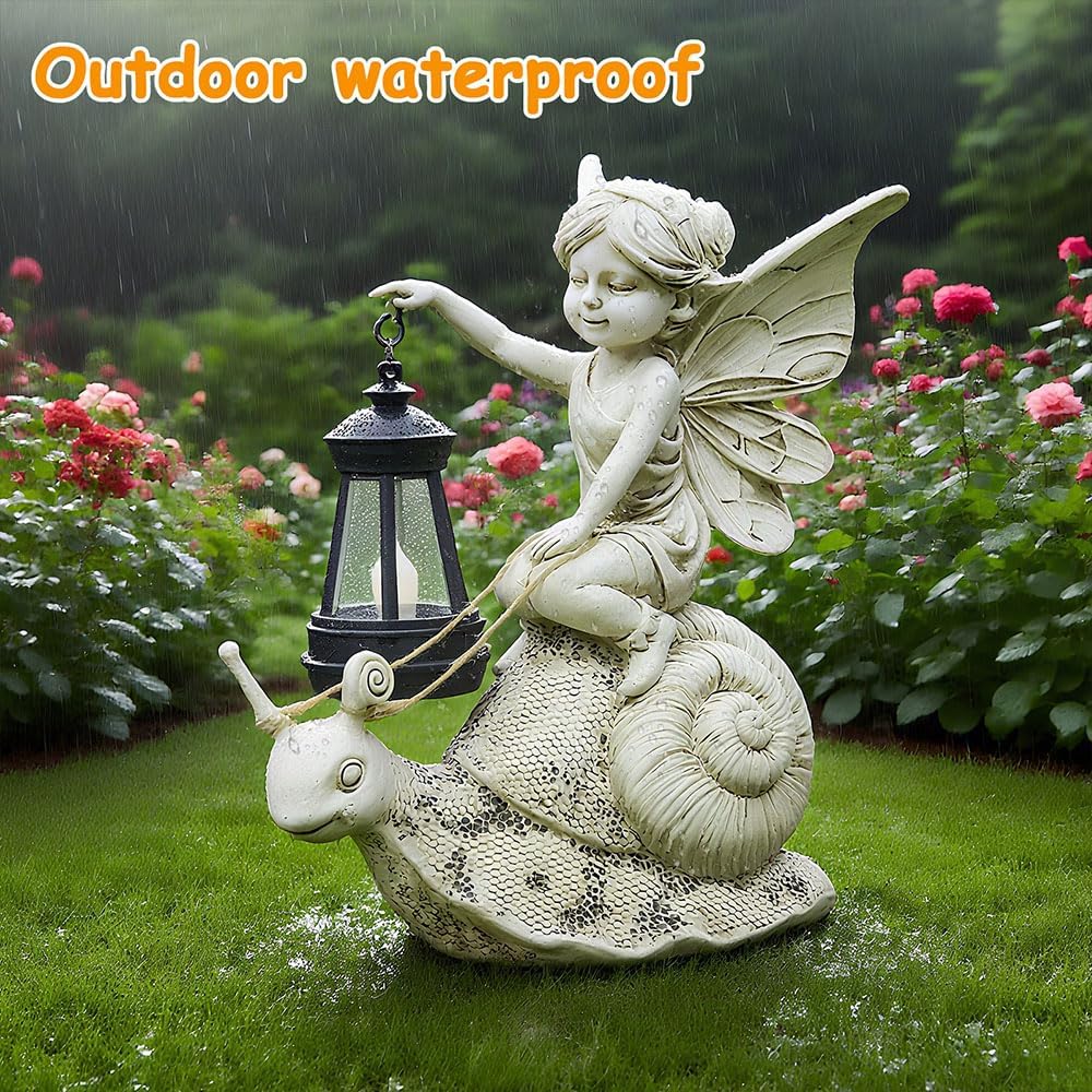Solar Snail Statue Light, Outdoor Resin Solar Garden Sculpture, Fun Elf Riding Snail Fairy Tale Statue, Lawn, Patio Outdoor Unique Home Dcoration, Lady Gift!