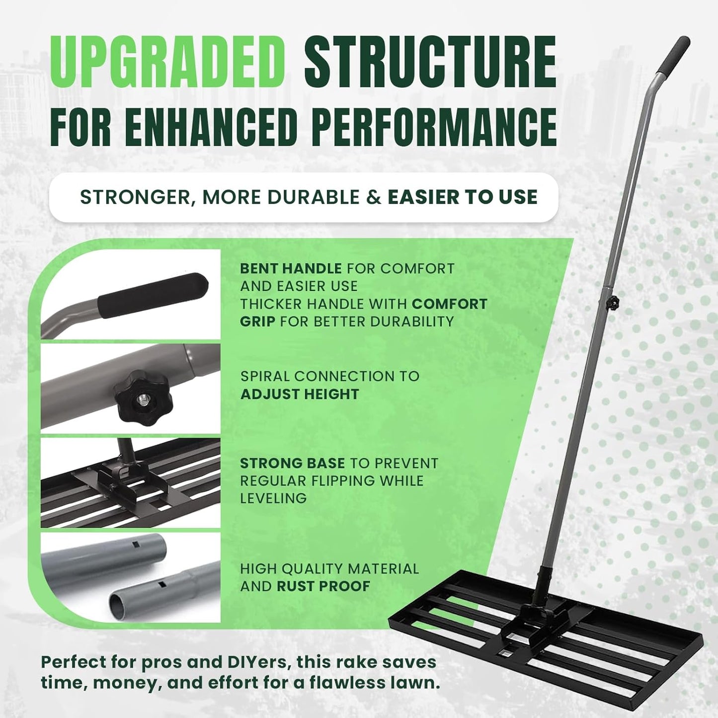 30" x 10" Stainless Steel Lawn Leveling Rake for Soil, Heavy Duty Lawn Leveler Tool for Yard with Adjustable Steel Handle up to 85", Yard Leveling Landscape Rake, Ground Leveler for Garden-Golf Course