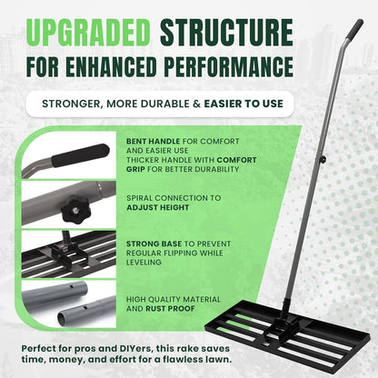 30" x 10" Stainless Steel Lawn Leveling Rake for Soil, Heavy Duty Lawn Leveler Tool for Yard with Adjustable Steel Handle up to 85", Yard Leveling Landscape Rake, Ground Leveler for Garden-Golf Course