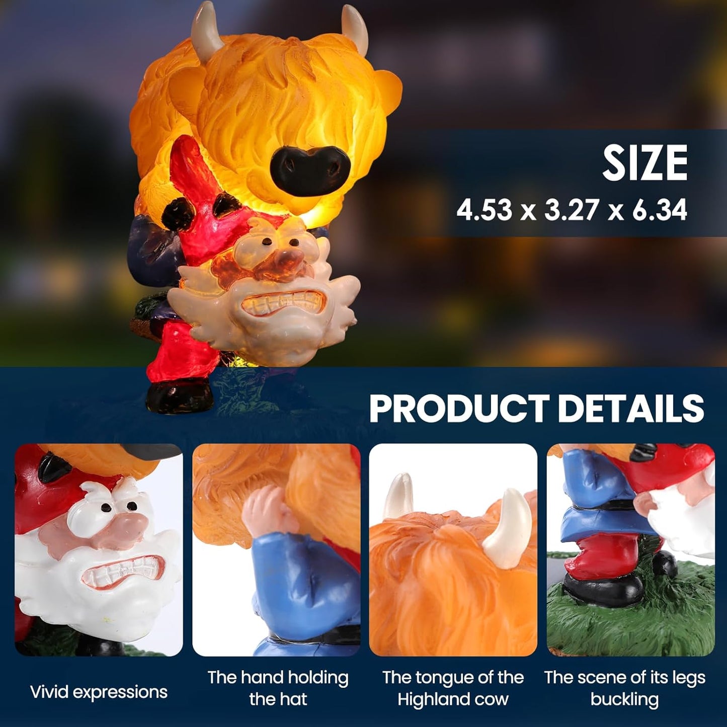Garden Gnome Statue Highland Cow Gift,Yard Patio Balcony Outdoor Decor Solar Light Figurine, Christmas, Housewarming Gift,Idea Gift for Mom, Neighbor,Gnome Lover