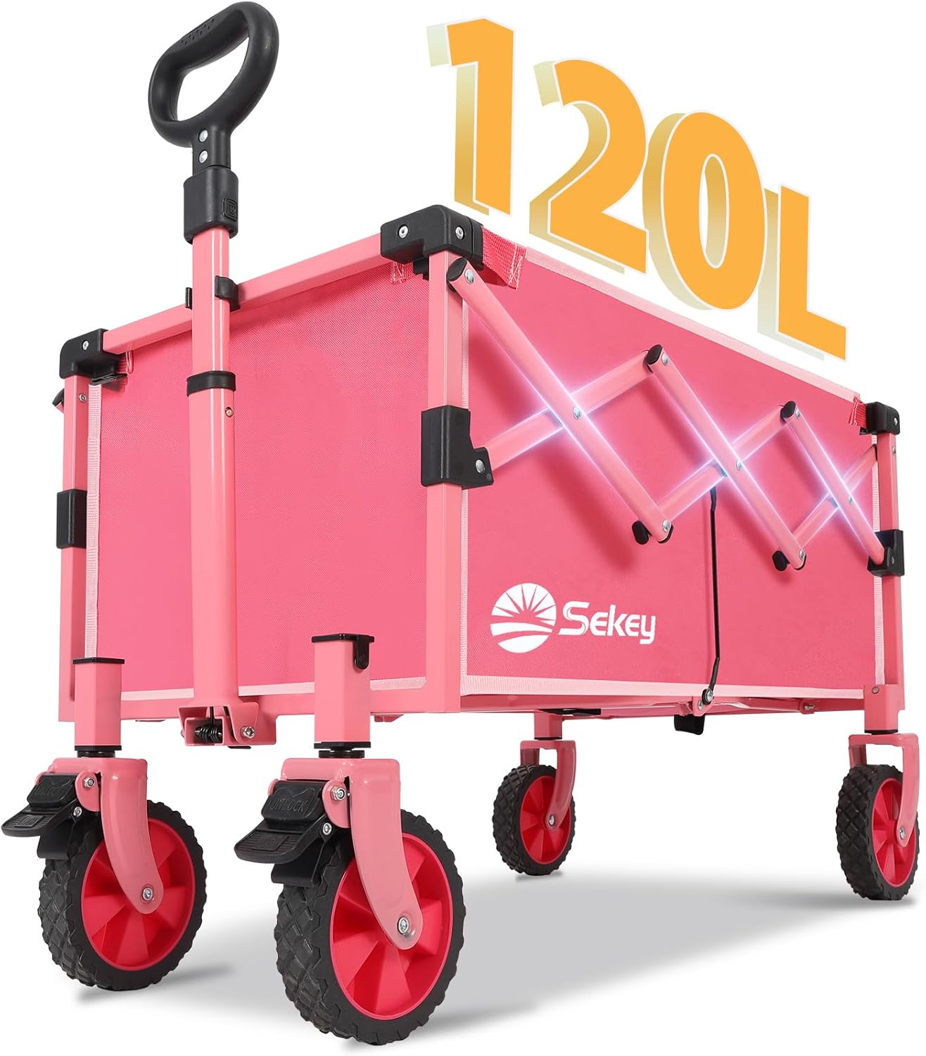 Wagon with Brakes, Foldable Cart with 220LBS Capacity, Utility Lightweight Wagon, Collapsible Grocery Shopping Cart for Camping Sports & Holiday.Pink