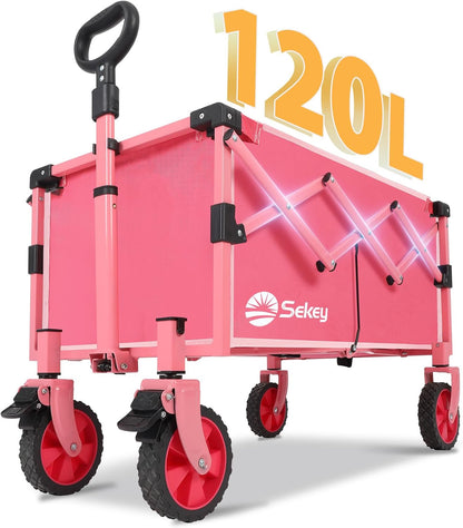 Wagon with Brakes, Foldable Cart with 220LBS Capacity, Utility Lightweight Wagon, Collapsible Grocery Shopping Cart for Camping Sports & Holiday.Pink