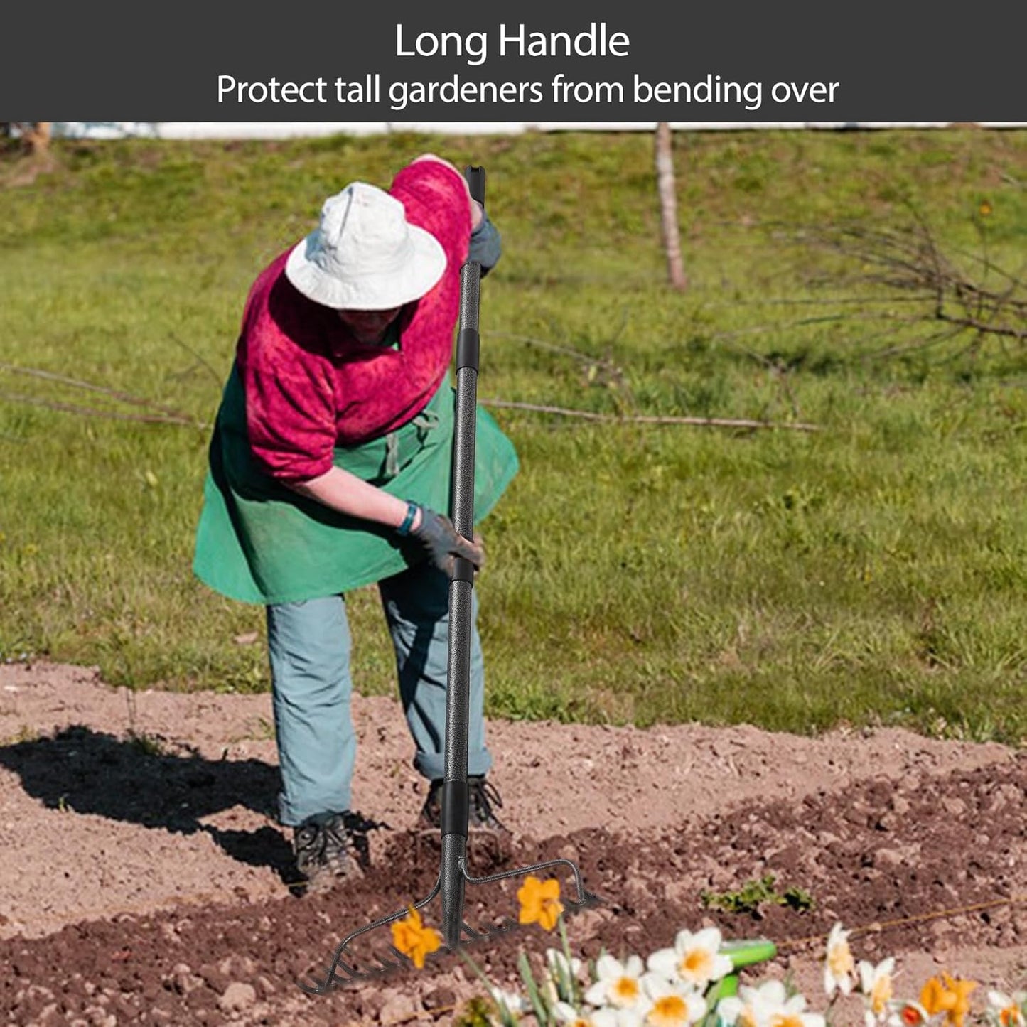 Thatch Rakes for Lawns, Heavy Duty Metal Garden Rake with 17 Prongs, Adjustable Yard Rock Rake for Gardening Loosening Soil, Long Handle 60 Inches