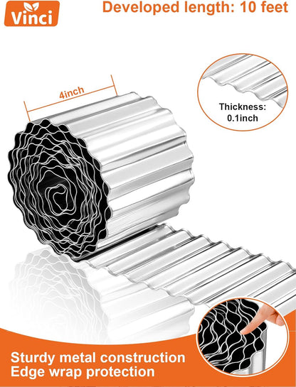 Vinci Garden Landscape Edging Border, 4 Inch x 10 FT Corrugated Sturdy Metal Easy Installation Safe Hemmed Lawn Garden Border Edges for DIY Flower Beds, Pathways and Patio Design (Silver)