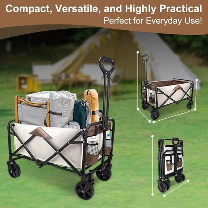 Heavy-Duty Collapsible Wagon Cart with Wheels, Lightweight Foldable Utility Cart with Adjustable Handle for Outdoor Use – Ideal for Grocery Shopping, Camping, Sports, Fishing, and More (Khaki)