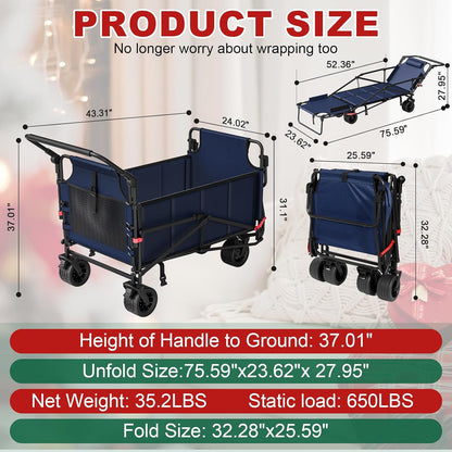 LEVELEVE Heavy Duty Folding Wagon - 2-in-1 Collapsible Cart, 650lb Capacity, All-Terrain Wheels w/Brakes & Side Pockets (Blue)