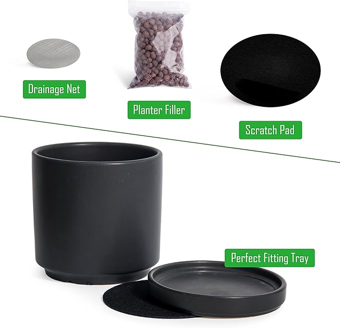 D'vine Dev Set of 2 Plants Pots, 8 Inch Ceramic Planter Pot for Plants with Drainage Hole and Saucer, Black, 94-V-D-2