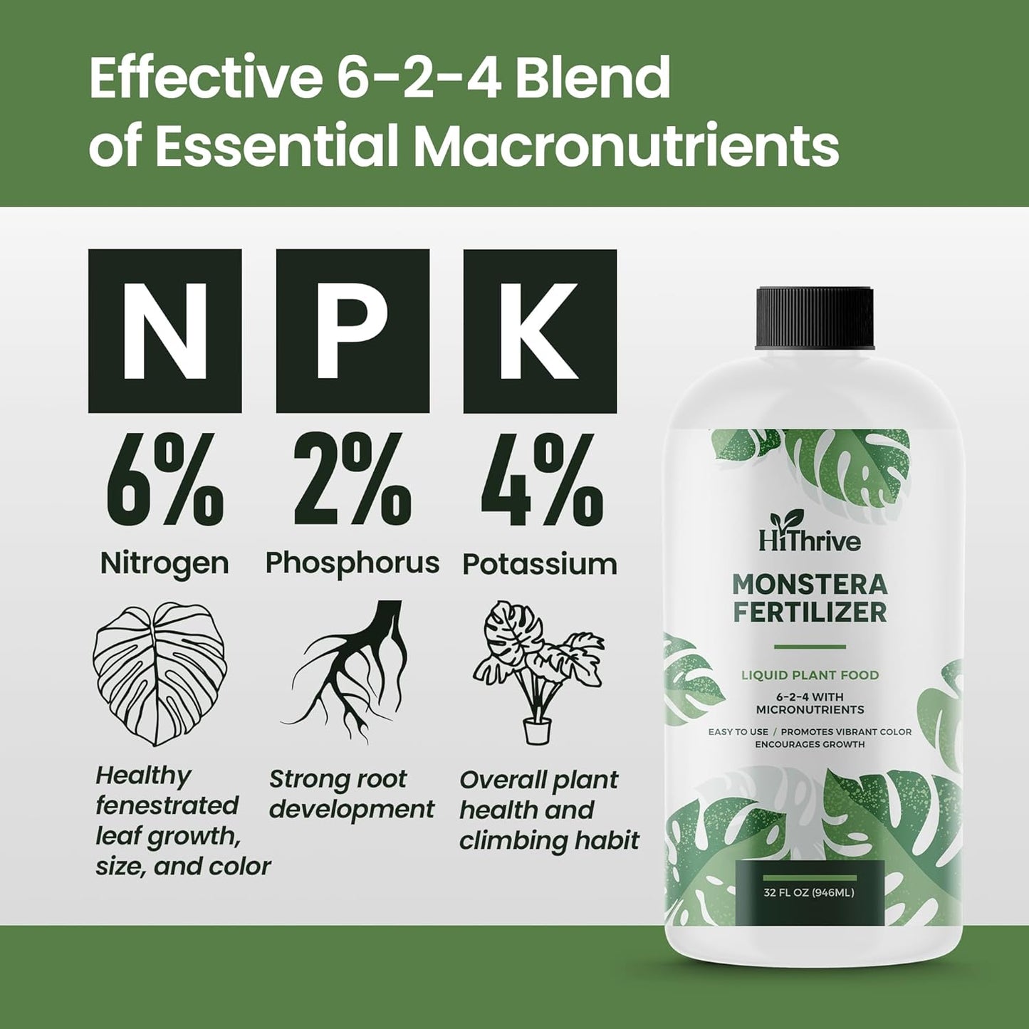 32oz Monstera Plant Food - Makes 192 Gallons of Monstera Fertilizer, Liquid Indoor Plant Fertilizer for Obliqua, Deliciosa and More, 6-2-4 NPK Ratio for Houseplants’ Healthy Growth & Glossy Leaves