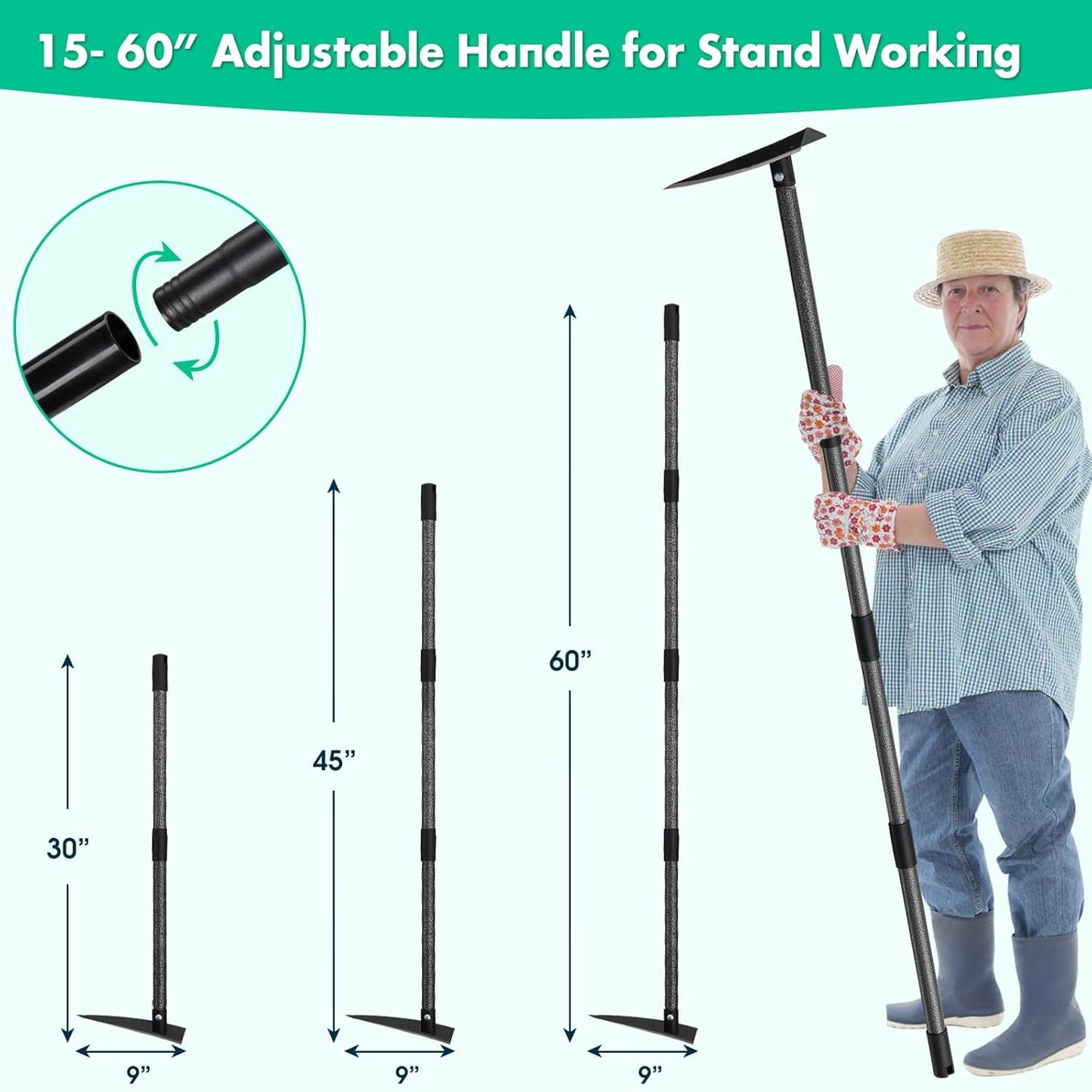 Garden Hoe, Heavy Duty Trenching Hoes with 60 Inch Long Handle, Sharp Edge Triangle Weeding Hoe Garden Tools for Weeds Removal,Cultivating,Digging,Loosen Soil, Trenching, Landscaping Manual Weeder