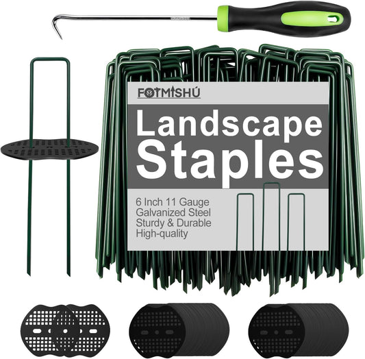 FOTMISHU Landscape Staples 6Inch 50pcs Garden Stakes + 50pcs Gasket, Lawn Pins with Spray Coating Craft, 11Gauge Anti-Rust Ground Yard Spikes Anchoring for Outdoor Tents Irrigation Hoses (Green)