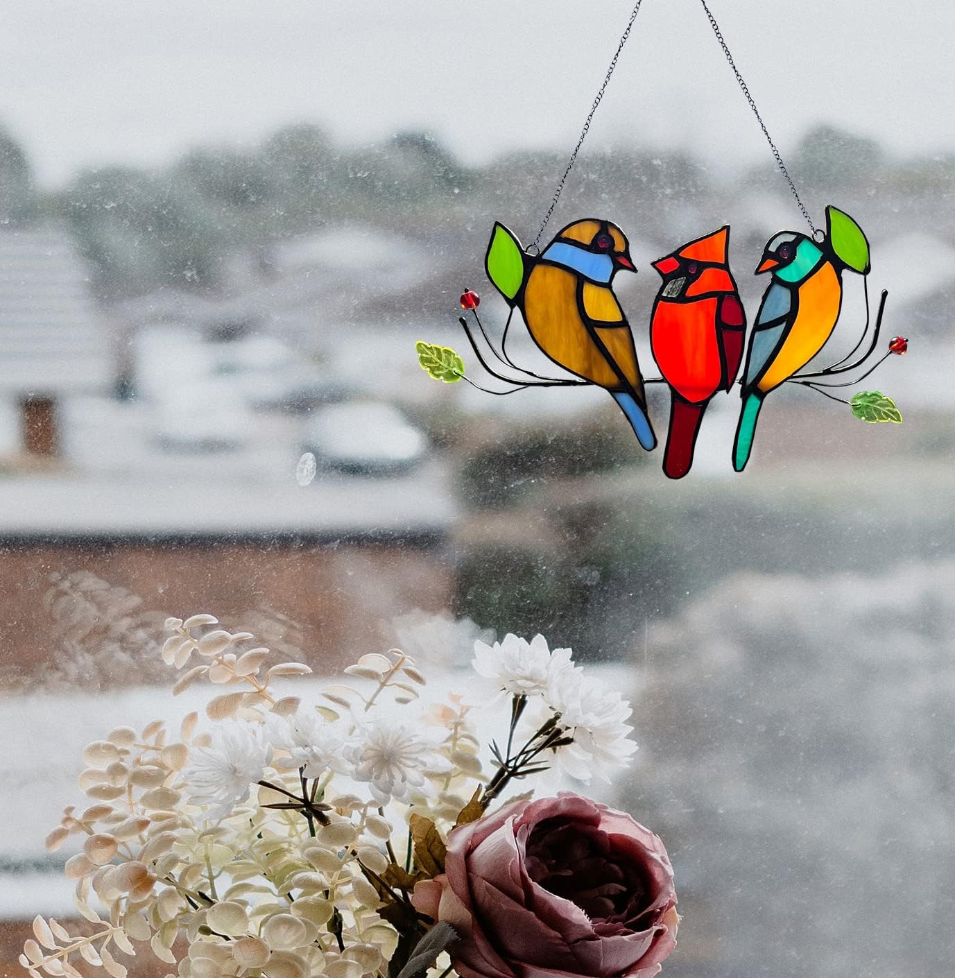 Cardinal Gifts Stained Glass Window Hangings, Suncatcher for Window Multicolor Bird On A Wire Panel Decor Series Ornament Home Wall Garden Decoration Bird Love Gifts