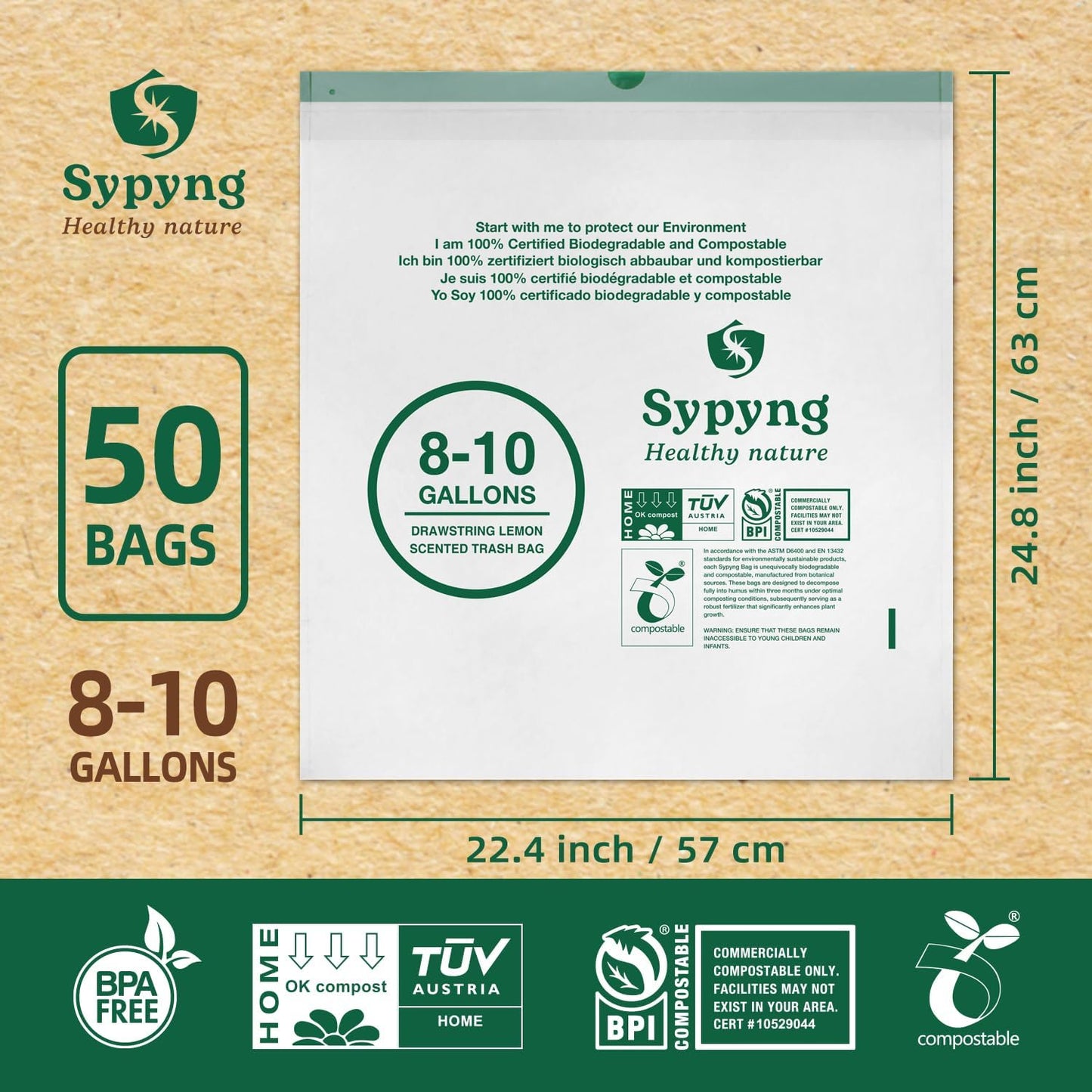 Compostable Kitchen Trash Bags 8-10 Gallon (50-Pack) – Heavy-Duty 1.1 Mil, 100% Biodegradable, ASTM D6400, BPI & OK Compost HOME Certified, Eco-Friendly, Leakproof & Odor Control