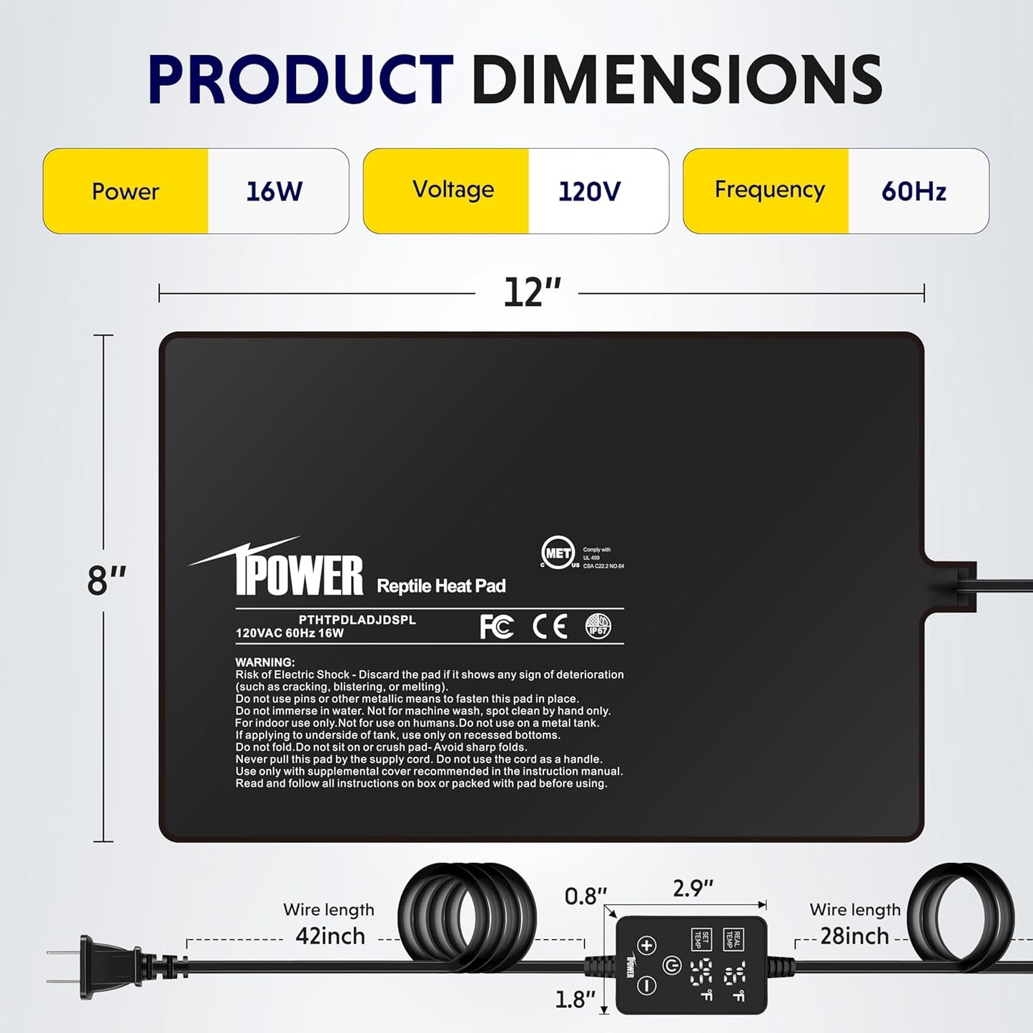 iPower 8 by 12 Inch 16W Reptile Heating Pad with Adjustable Thermostat, Under Tank Warmer Terrarium Heat Mat for Turtles/Snakes/Lizards/Frogs, and Other Reptiles
