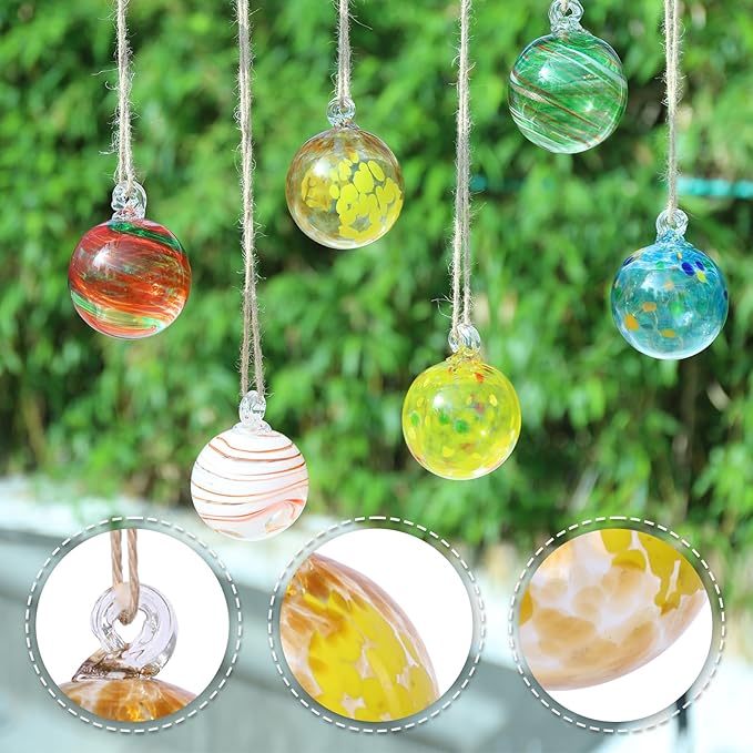 VCUTEKA Hanging Garden Gazing Ball, Hand-Blown Glass Witch Ball for Outdoor Garden Décor, 6pcs 3" Colorful Swirl