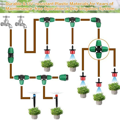 Upgraded 1/4" Drip Irrigation Cross Fittings：Leak Free Lock Barbed 4 Way Tee Connectors for 1/4 Inch Irrigation Tubing Quick Connect Parts for Garden Landscape System (24 Pieces)
