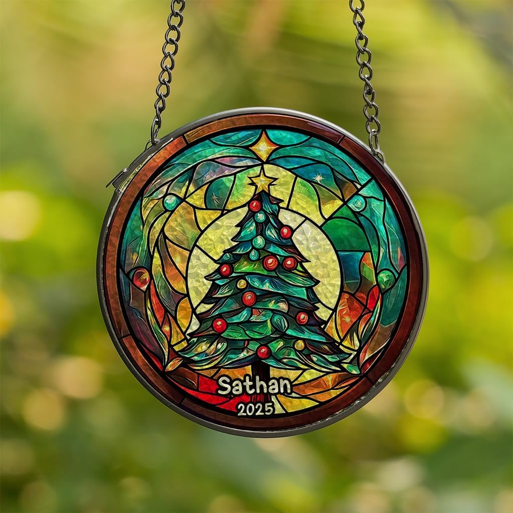 Personalized Stained Glass Christmas Tree Suncatcher, Christmas Handcraft Holiday Ornament with Name and Number, Gift for Family or Friend, Gift for Décor