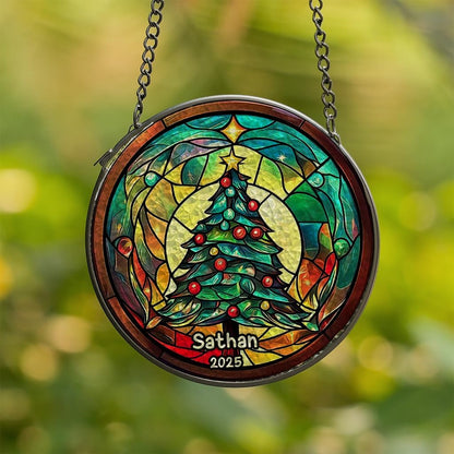 Personalized Stained Glass Christmas Tree Suncatcher, Christmas Handcraft Holiday Ornament with Name and Number, Gift for Family or Friend, Gift for Décor