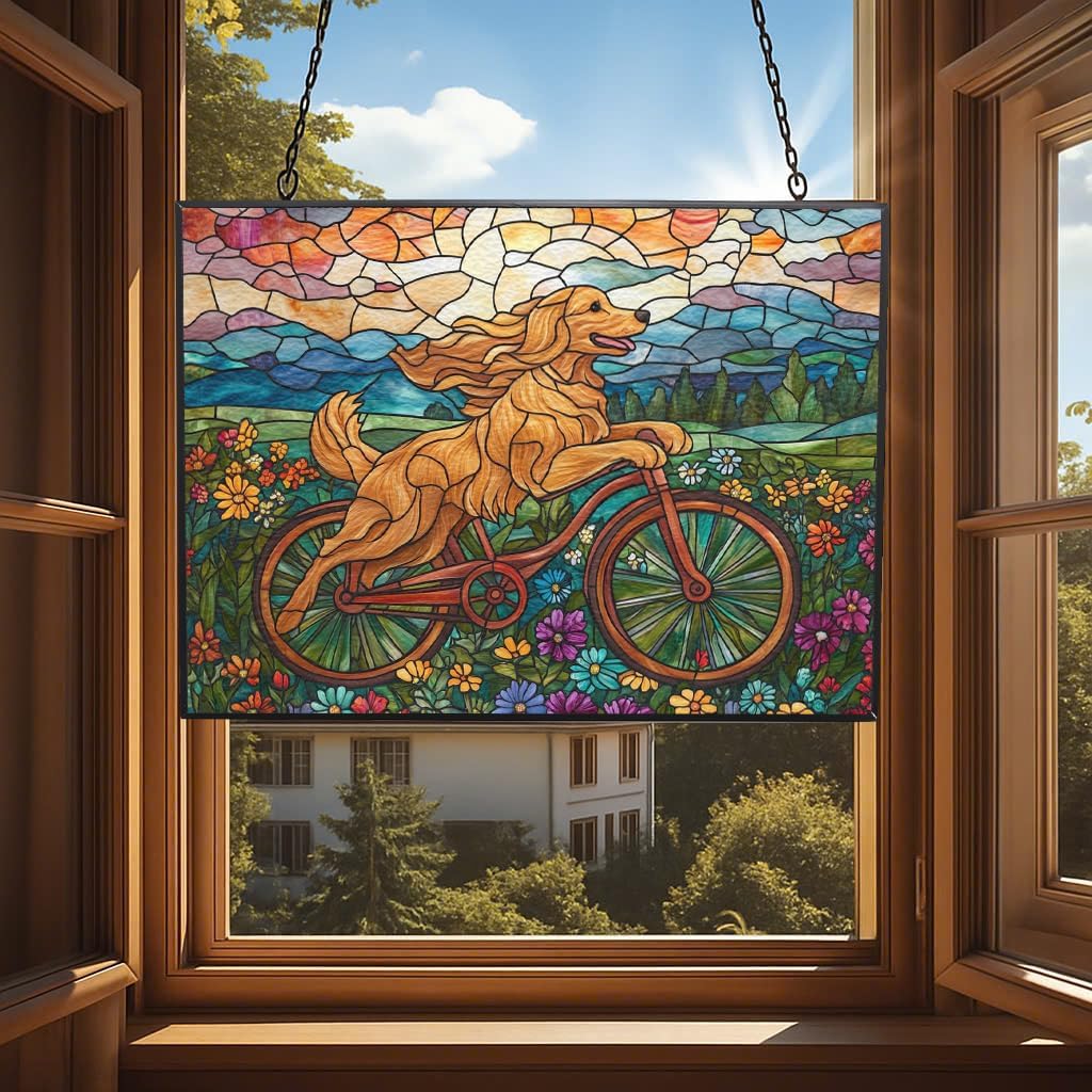 Personalized Rectangle Boho Golden Retriever Biking in Wildflowers Stained Glass Suncatcher Stained Glass Window Hangings Birthday Gift for Mom Grandma Teacher Women Friend Memorial Hook
