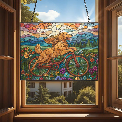 Personalized Rectangle Boho Golden Retriever Biking in Wildflowers Stained Glass Suncatcher Stained Glass Window Hangings Birthday Gift for Mom Grandma Teacher Women Friend Memorial Hook
