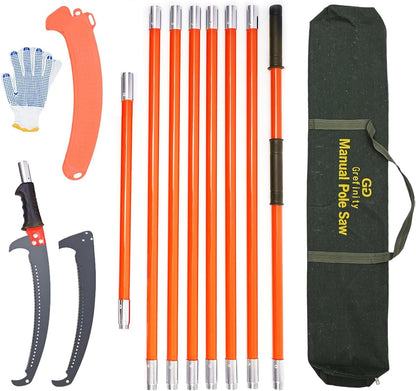 27FT Manual Pole Saw, Tree Branch Trimmer with 8-Section Fiberglass Handle, Sharp Steel Blade, Lightweight Extendable Design for High Branch Trimming, Orange