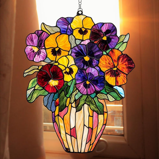 Pansy Bouquet Acrylic Suncatcher Stained Glass Effect Window Car Hanging Christmas Ornament Indoor