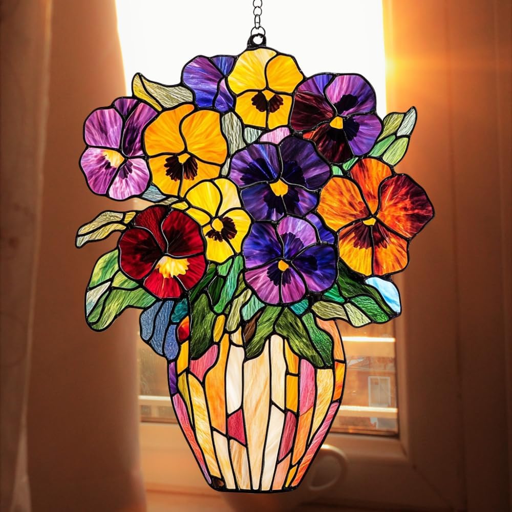 Pansy Bouquet Acrylic Suncatcher Stained Glass Effect Window Car Hanging Christmas Ornament Indoor Outdoor Decor Garden Sun Catcher Panel Gifts for Flower Lover for Women Mom Grandma