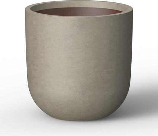 Kante 16.5" Round Concrete Planter, Large Cylinder Plant Pot with Curved Bottom and Drainage Hole, for Indoor and Outdoor Use – Garden or Patio, Weathered Concrete Finish with Warm Brown Interior